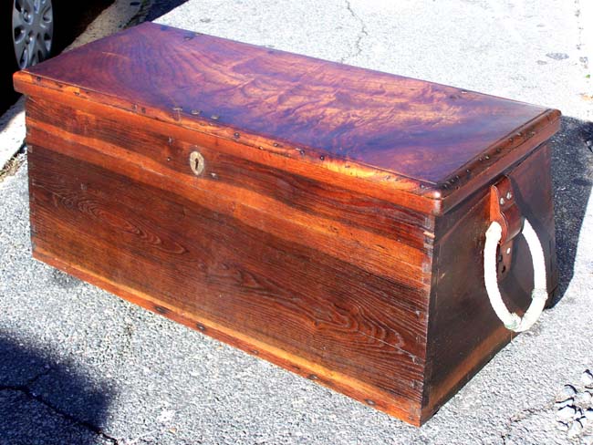 An early 19th century Dovetailed Sailor's Chest with Wonderful Ropework Beckets